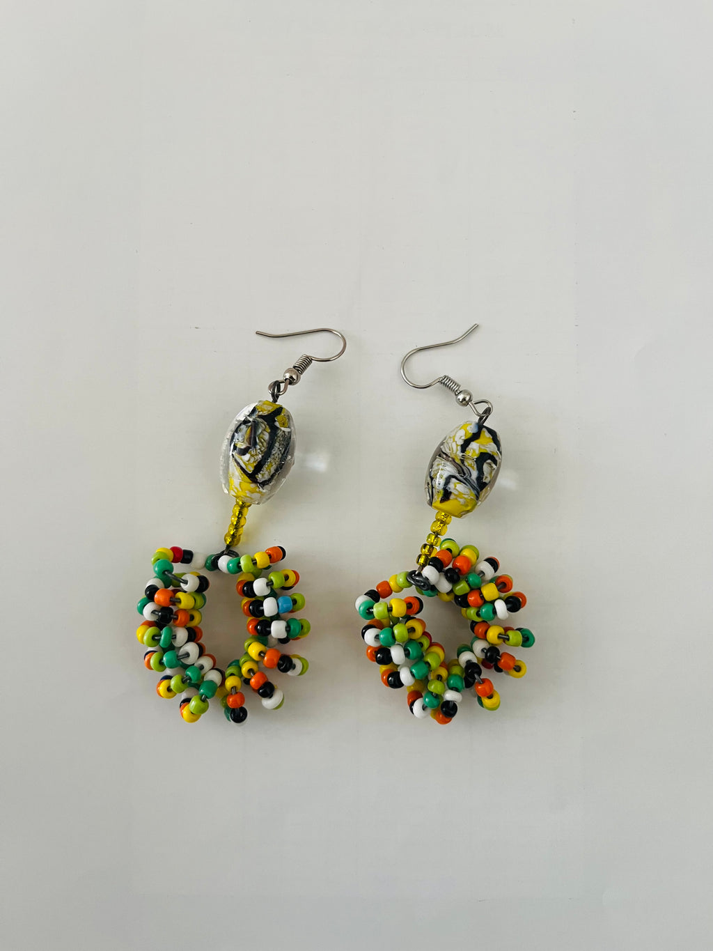 Spiral Bead Earrings (rainbow colours) with Yellow Accent - R190.00