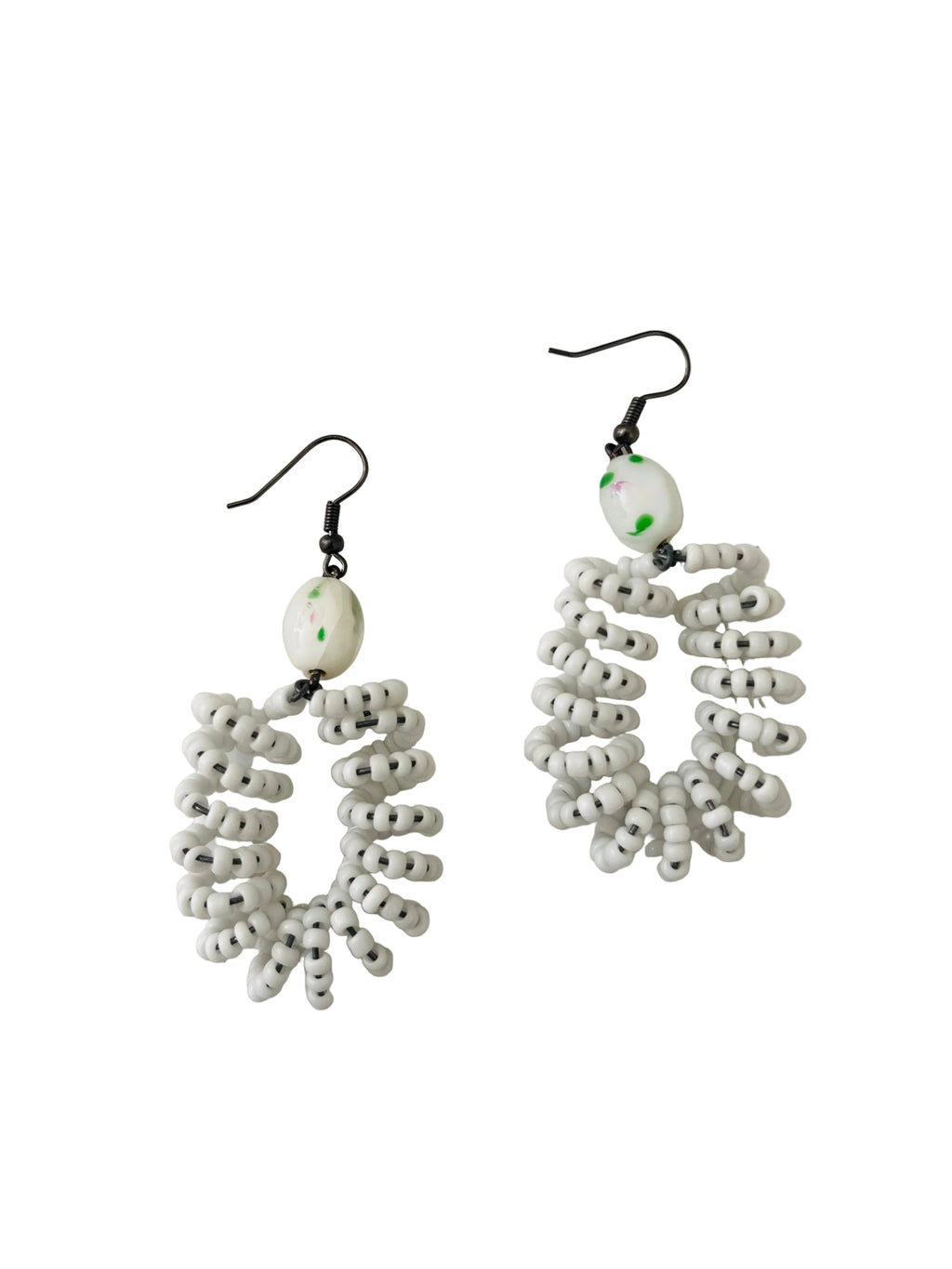 Spiral Bead Earrings (white) with white & green accent - R190.00