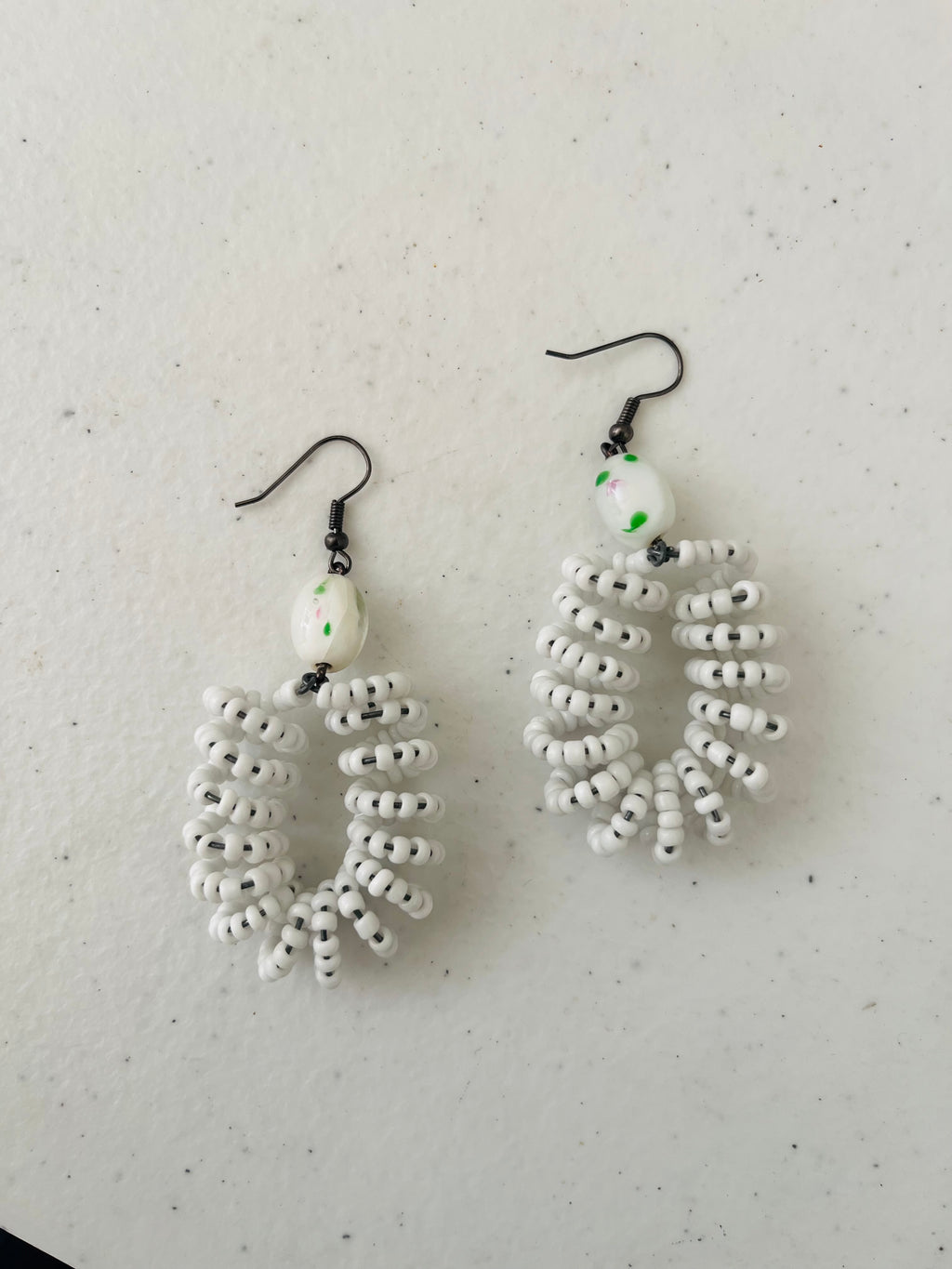 Spiral Bead Earrings (white) with white & green accent - R190.00