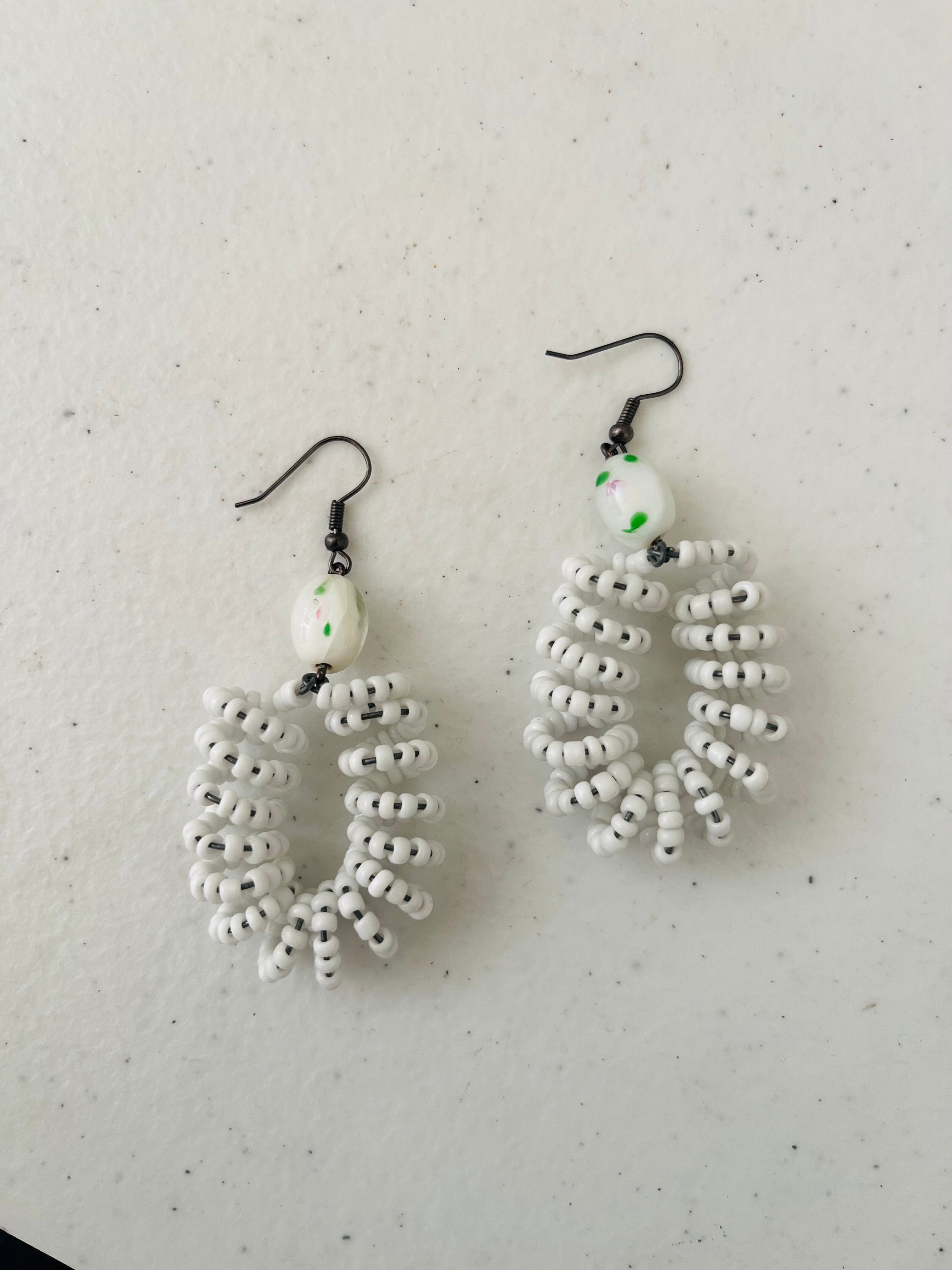 Spiral Bead Earrings (white) with white & green accent - R190.00