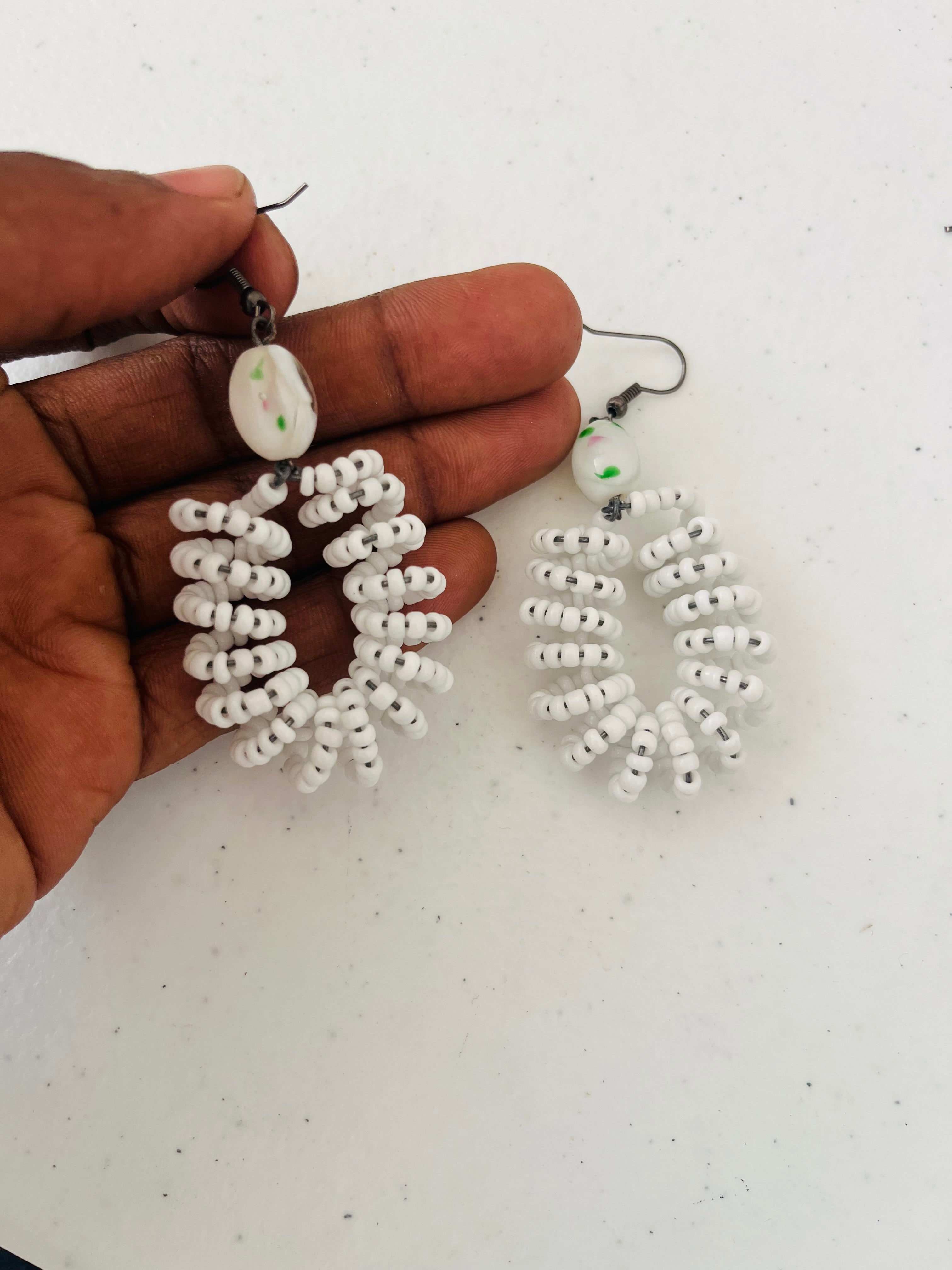 Spiral Bead Earrings (white) with white & green accent - R190.00