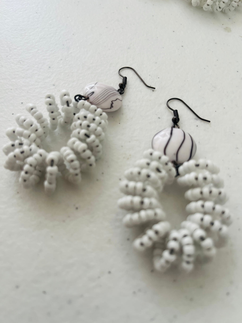 Spiral Bead Earrings (white) with Round Flat Accent - R170.00