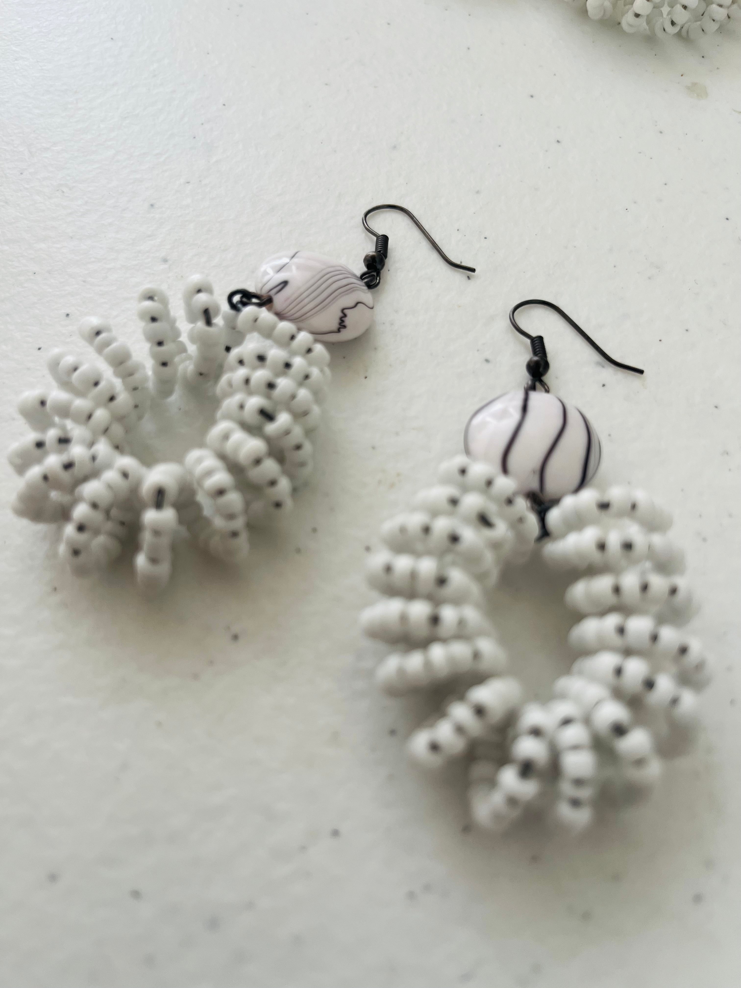 Spiral Bead Earrings (white) with Round Flat Accent - R170.00