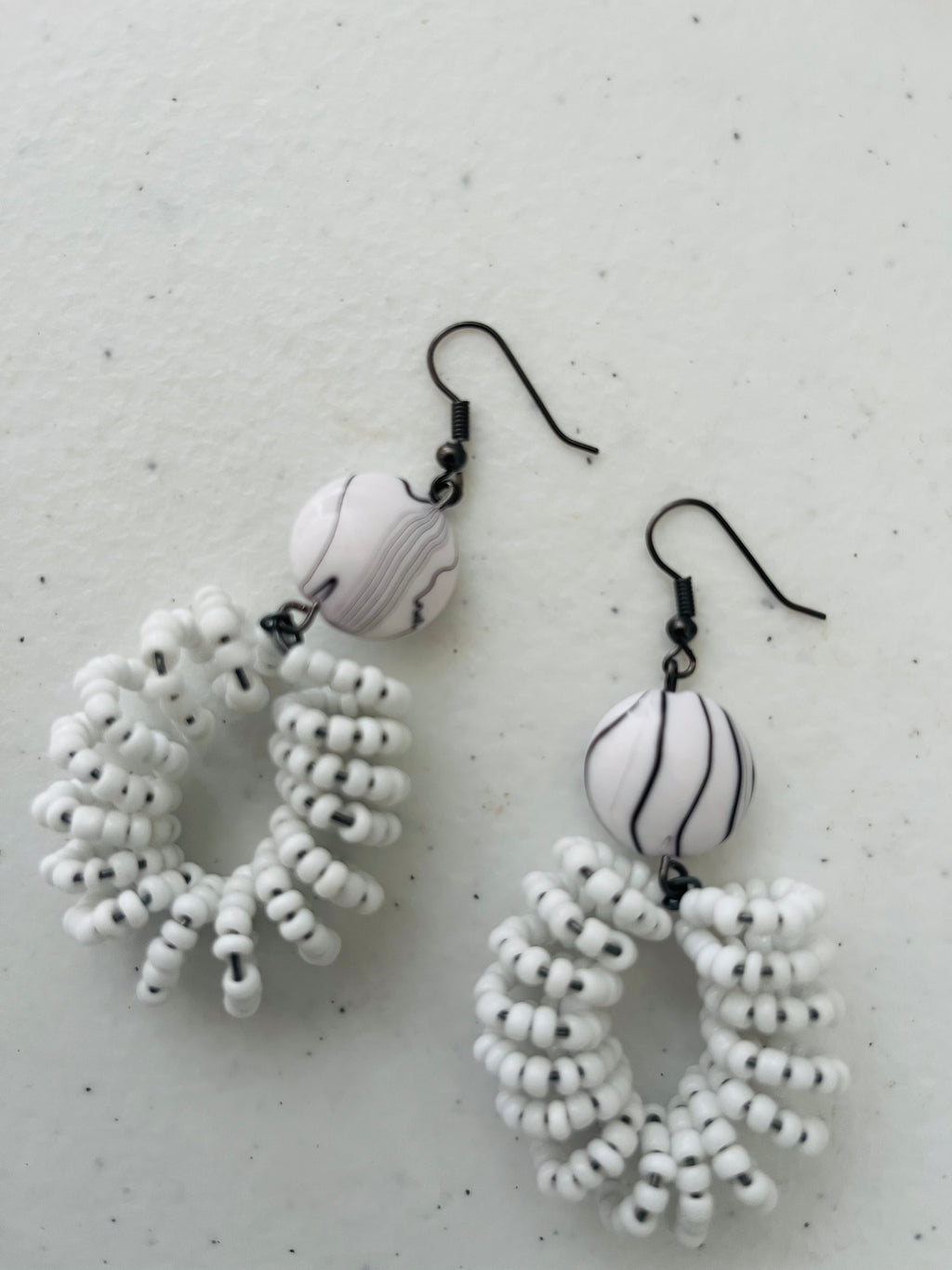 Spiral Bead Earrings (white) with Round Flat Accent - R170.00