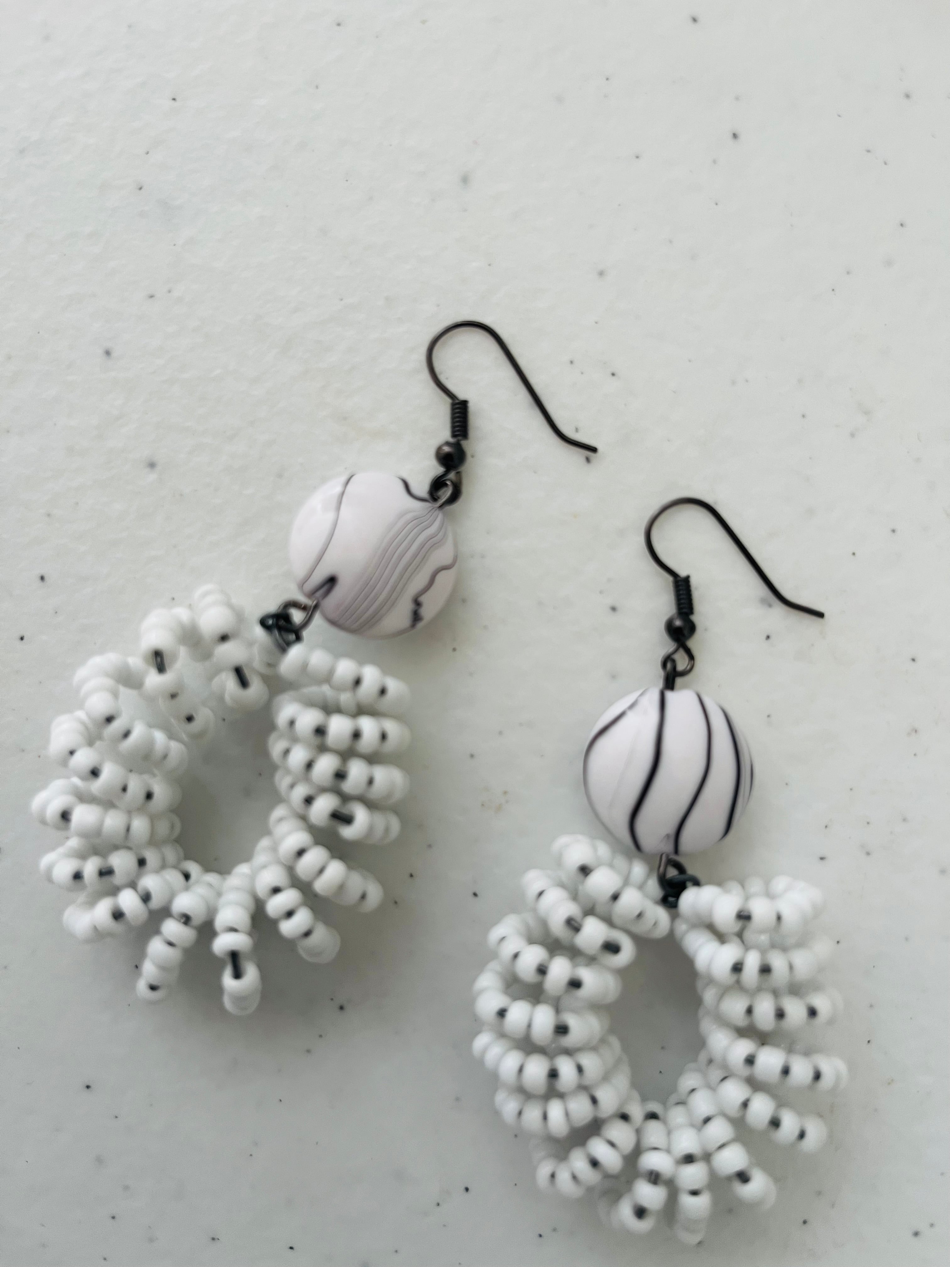 Spiral Bead Earrings (white) with Round Flat Accent - R170.00