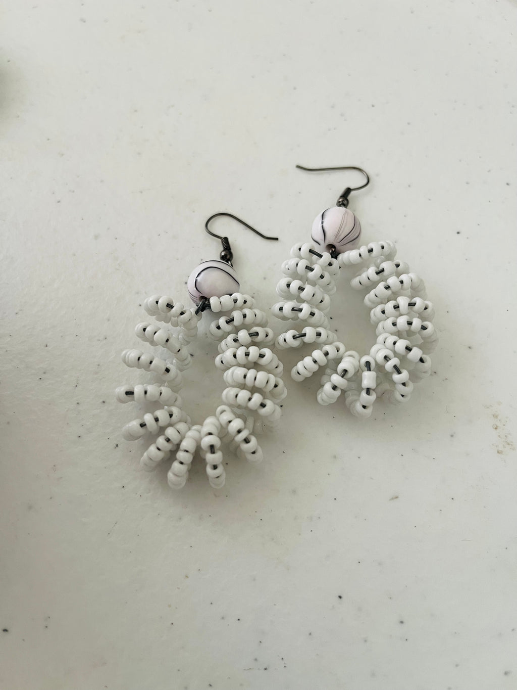Spiral Bead Earrings (white) with Round Accent - R170.00