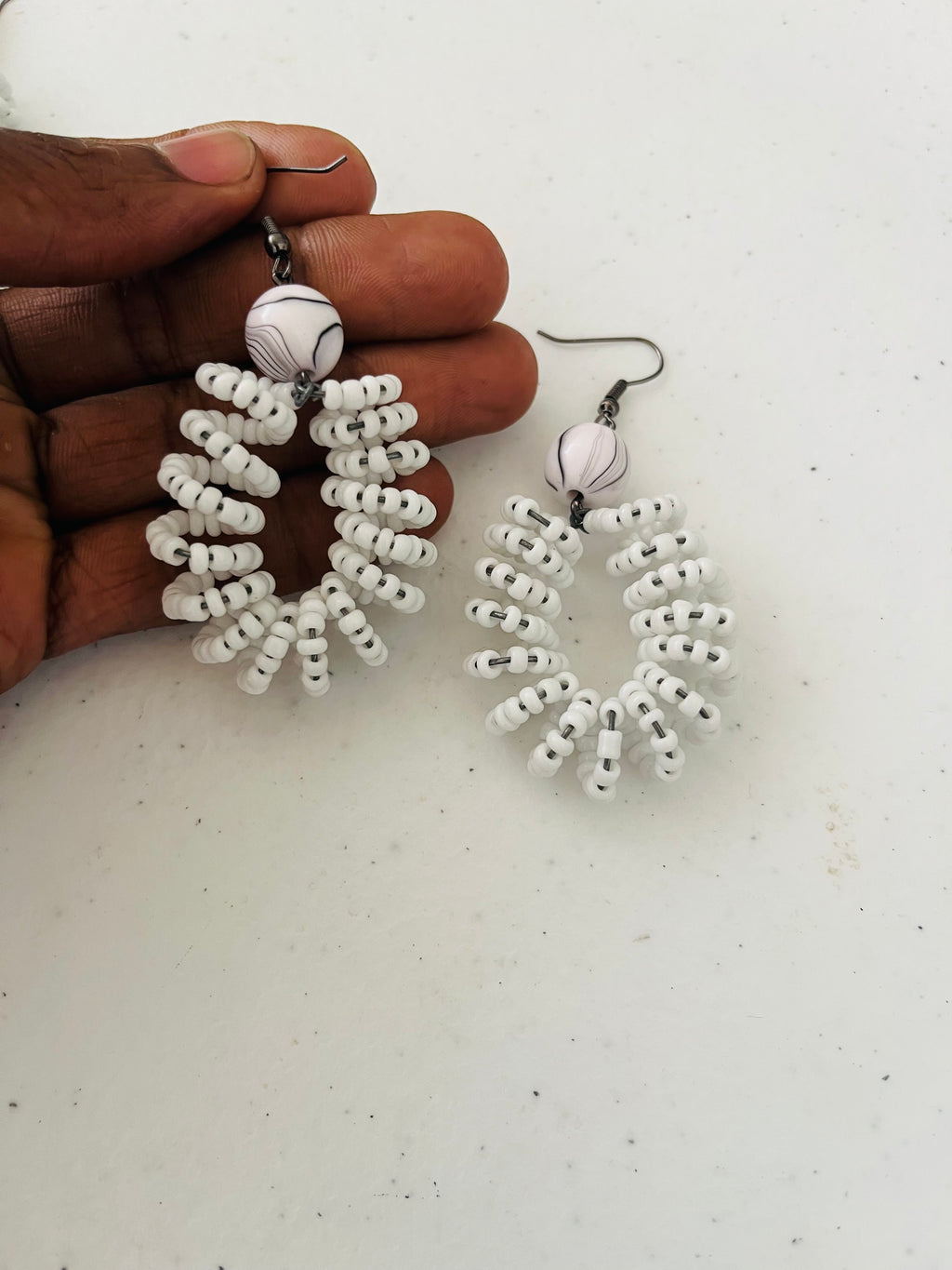Spiral Bead Earrings (white) with Round Accent - R170.00