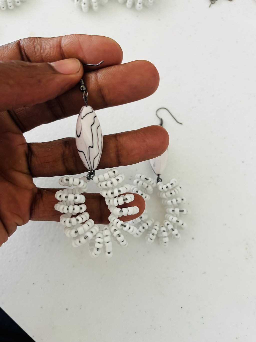 Spiral Bead Earrings (white) with Long Accent - R170.00
