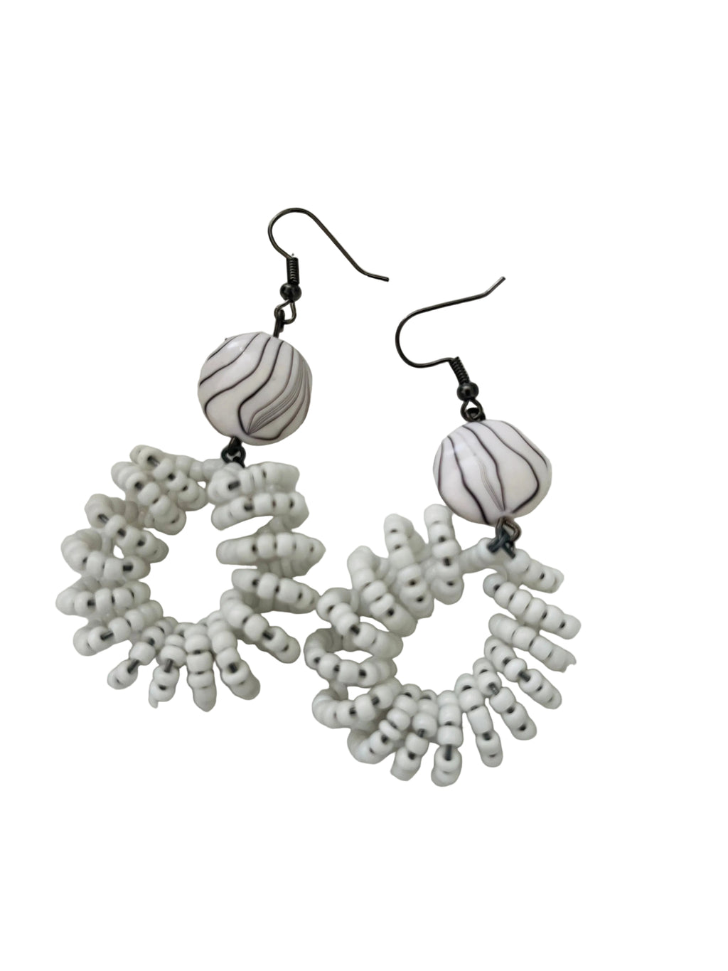Spiral Bead Earrings (white) with Round Flat Accent - R170.00