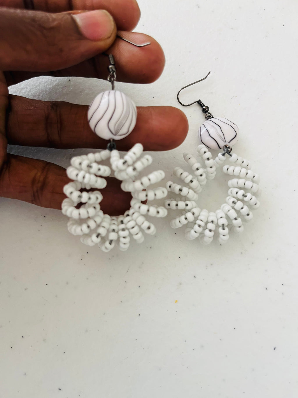 Spiral Bead Earrings (white) with Round Flat Accent - R170.00
