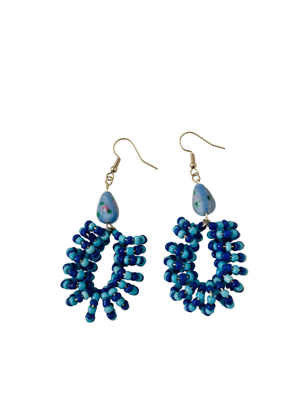 Spiral Beaded Earrings (Blue) with Handmade Glass Bead Accent - R190.00