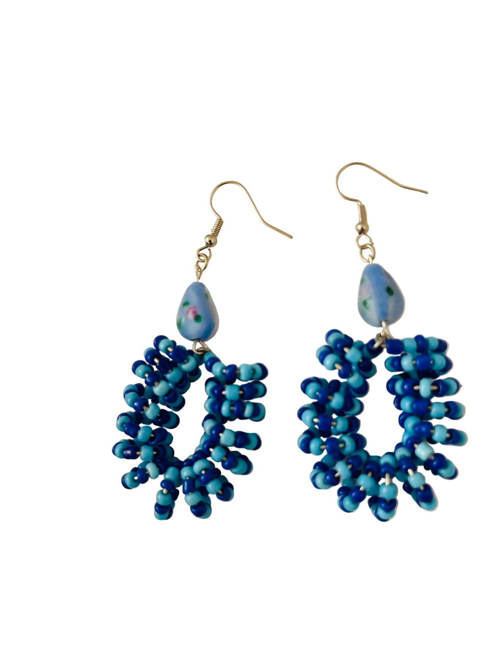 Spiral Beaded Earrings (Blue) with Handmade Glass Bead Accent - R190.00