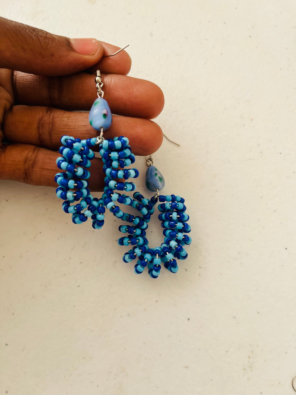 Spiral Beaded Earrings (Blue) with Handmade Glass Bead Accent - R190.00