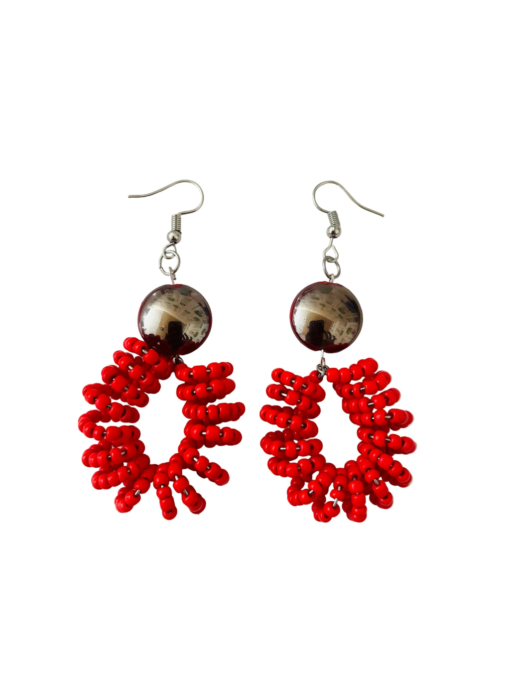 Spiral Bead Earrings (red) with Round Flat Accent - R170.00