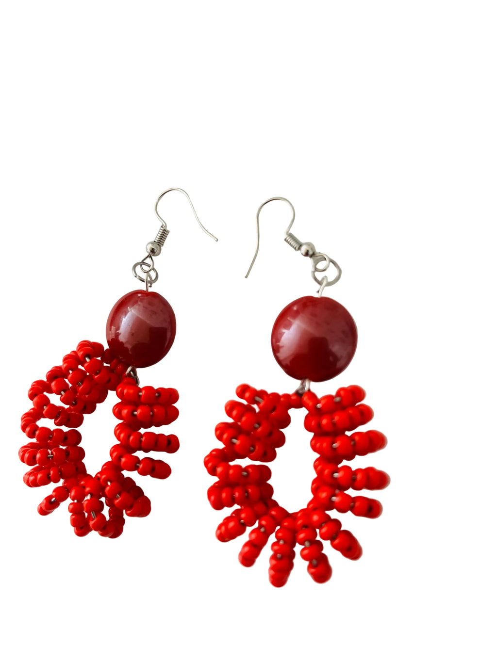 Spiral Bead Earrings (red) with Round Flat Accent - R170.00
