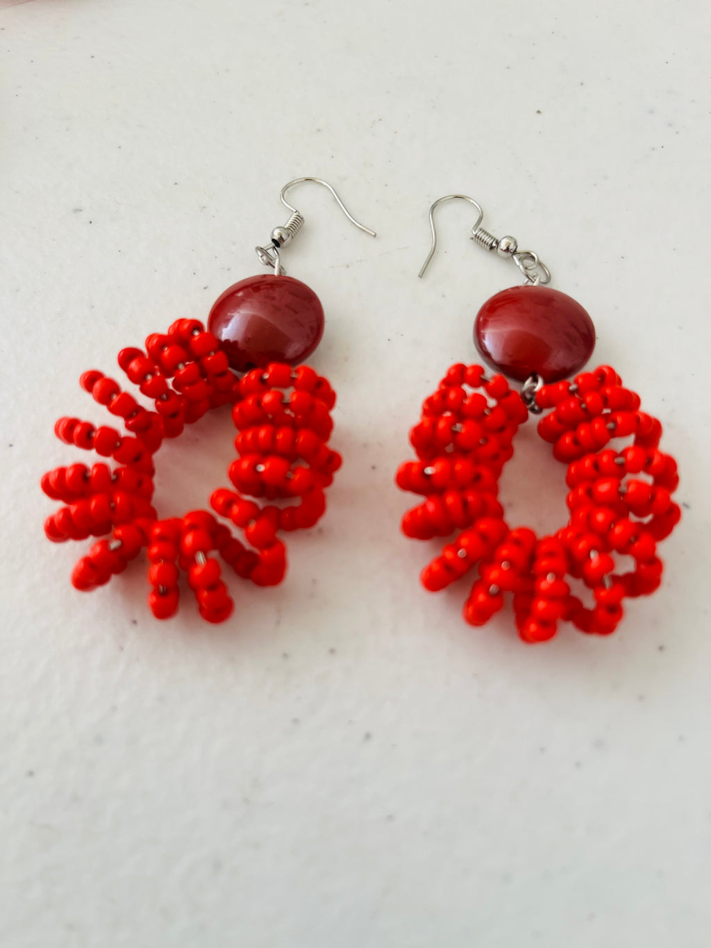 Spiral Bead Earrings (red) with Round Flat Accent - R170.00