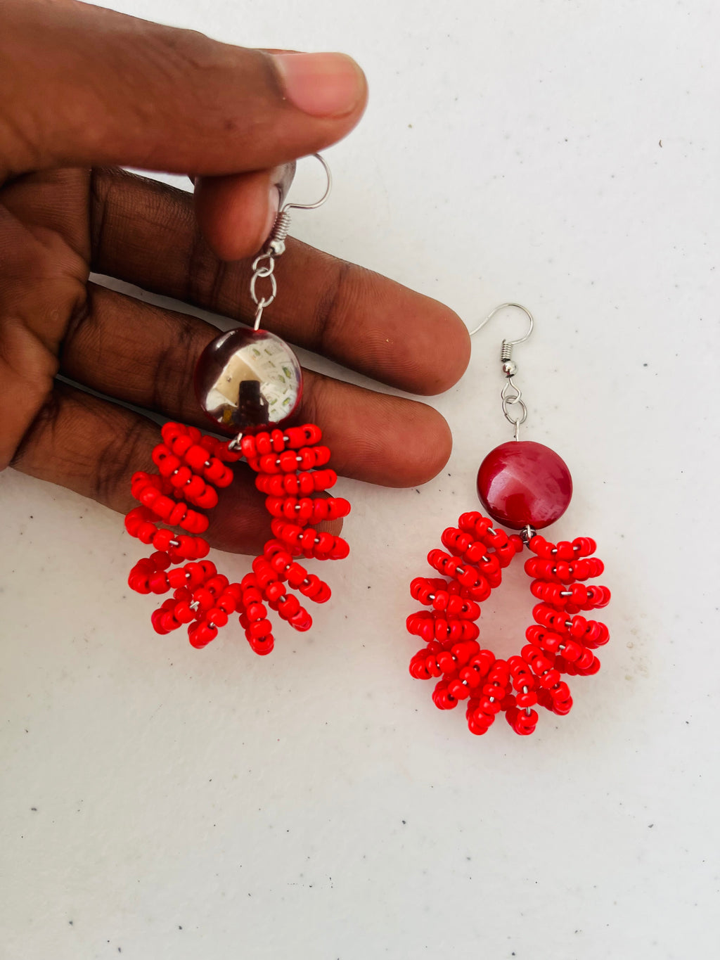 Spiral Bead Earrings (red) with Round Flat Accent - R170.00